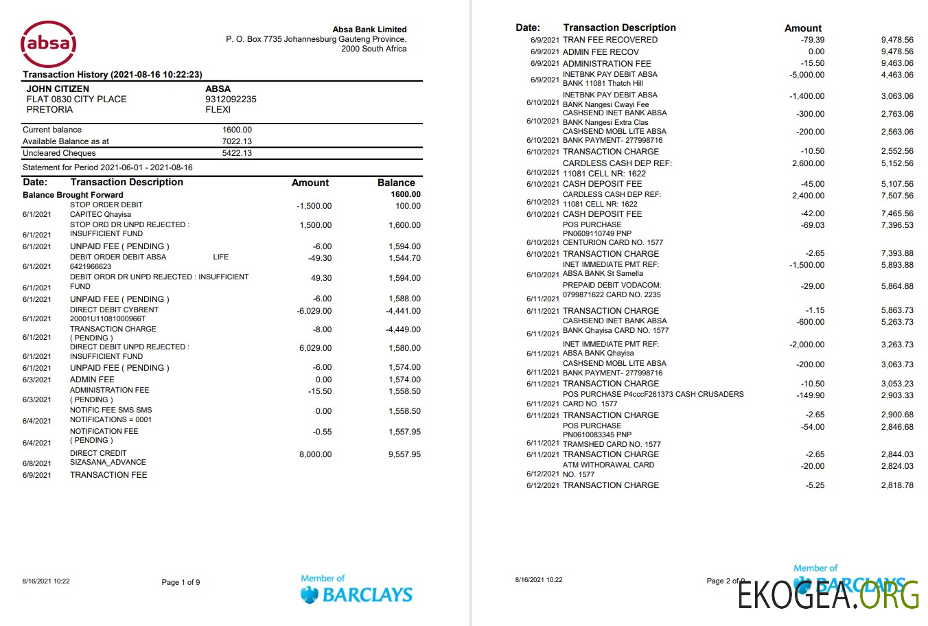 Afrique du Sud ABSA 9 pages Excel pdf